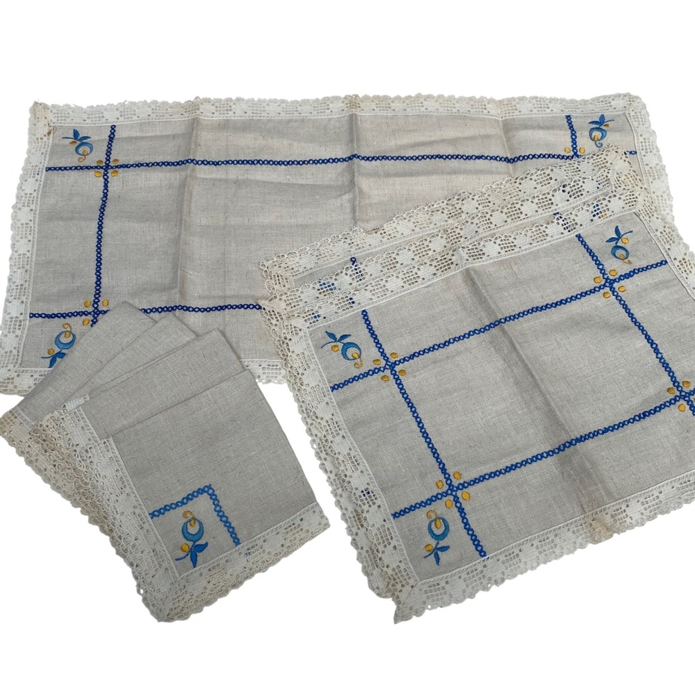 Vintage Table Runner Placemat Napkin Set Floral Embroidered Cottage Farmhouse